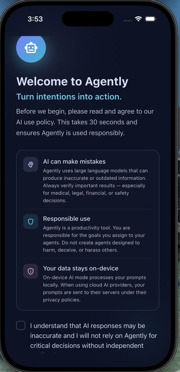 Agently home screen with agent feed