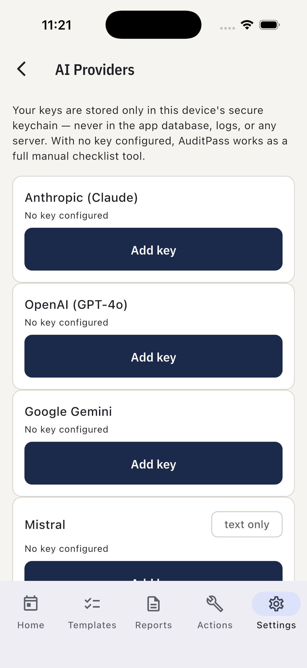AI providers — bring your own key