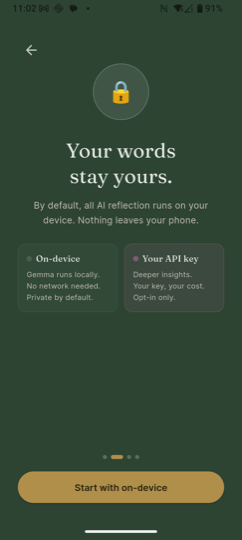 Deeply onboarding screen explaining that your words stay on your device by default