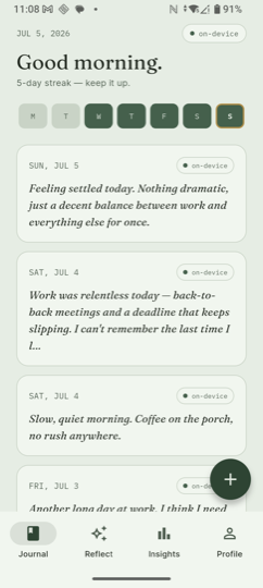 Deeply journal timeline showing a streak of daily entries with privacy tags