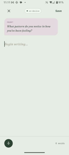 Deeply entry editor with a gentle writing prompt and a voice input button