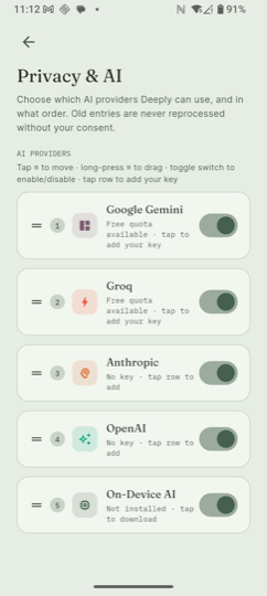 Deeply privacy and AI settings screen listing on-device AI and optional cloud providers