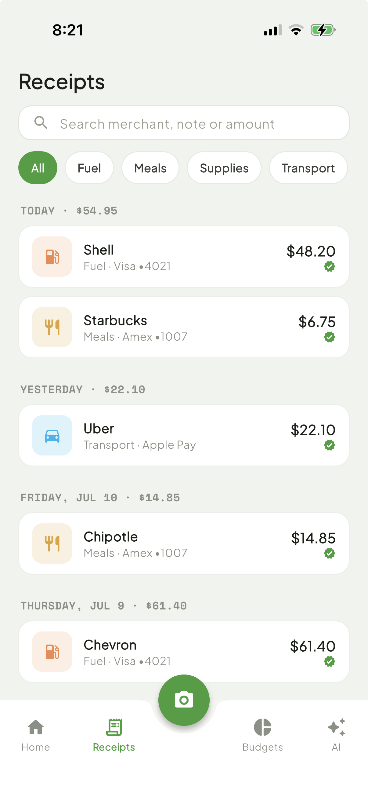 Receipt review screen showing AI-extracted merchant, total, and category