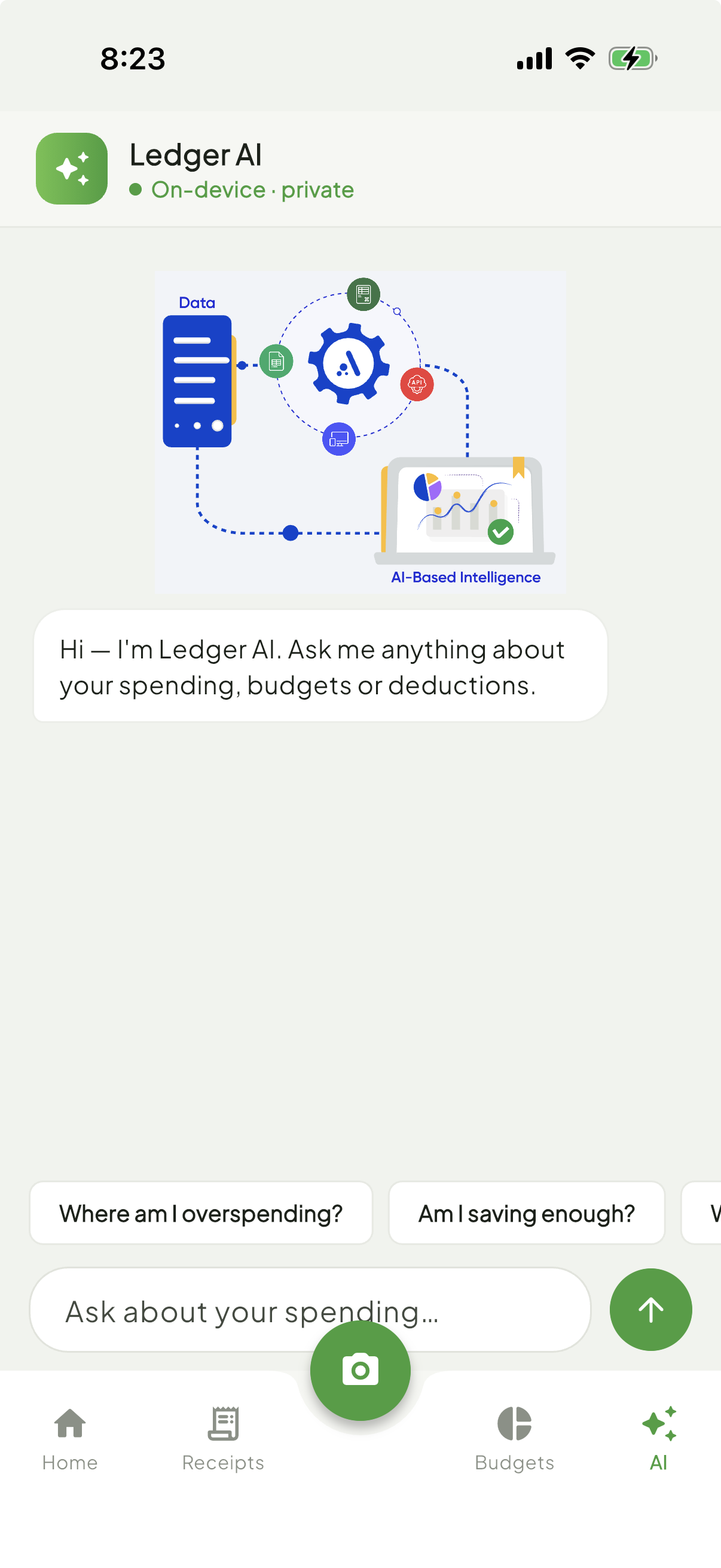 On-device AI assistant chat screen answering a spending question