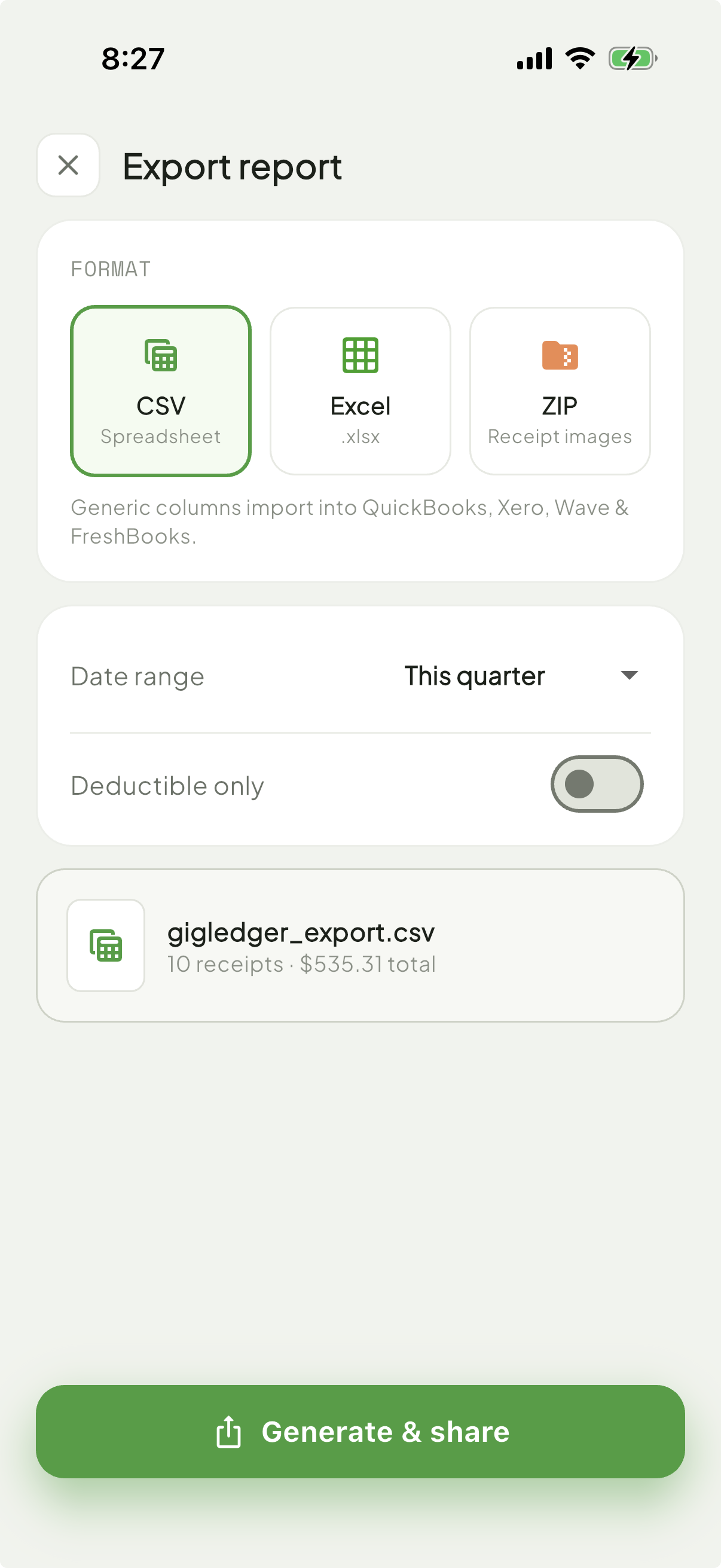Export report screen with CSV, Excel, and ZIP options