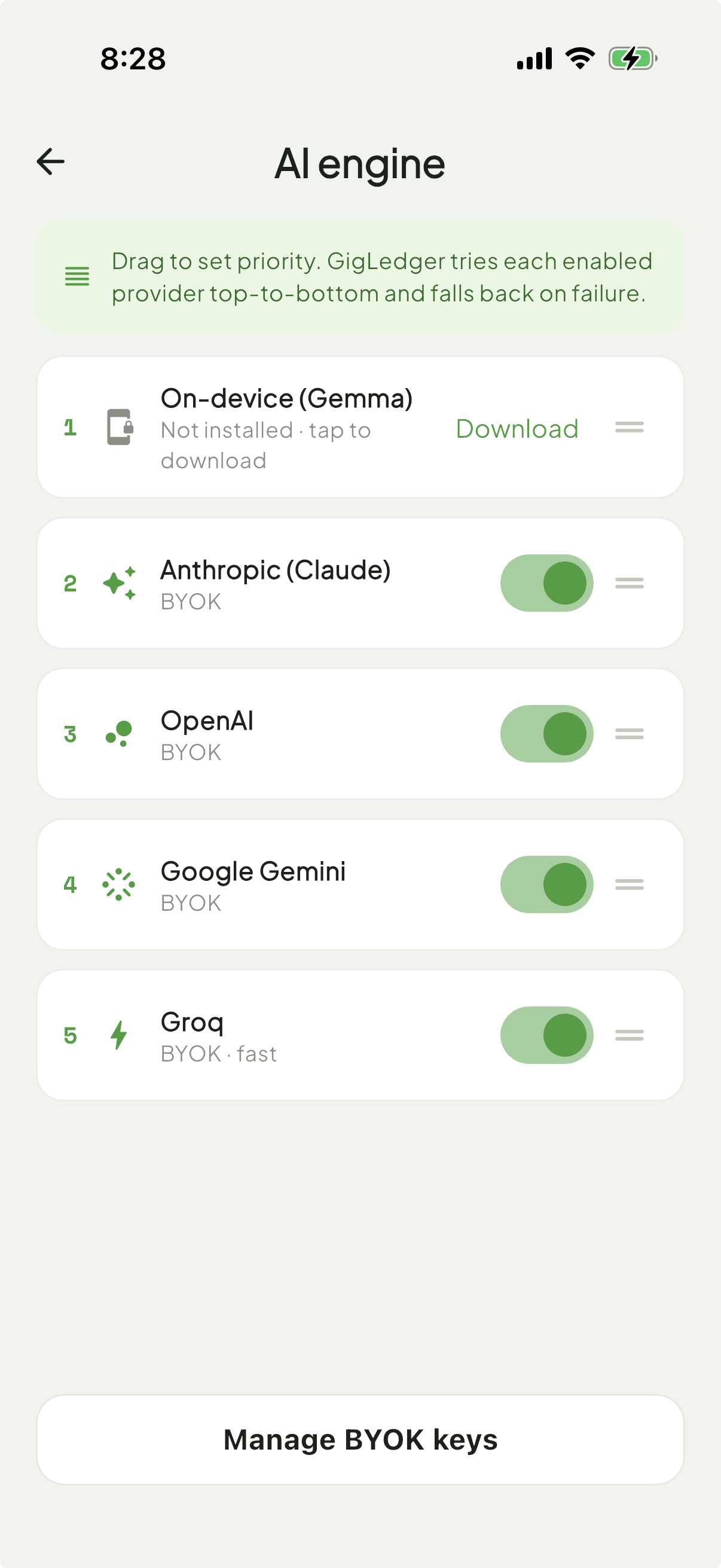 Settings screen with BYOK API keys and storage management