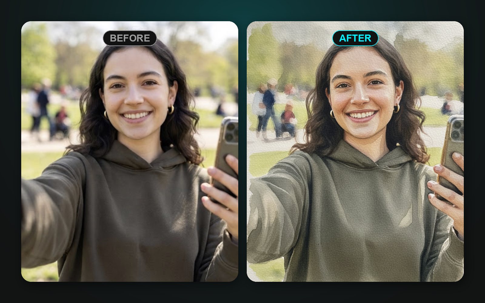 A photo before and after being redrawn by Morphfun