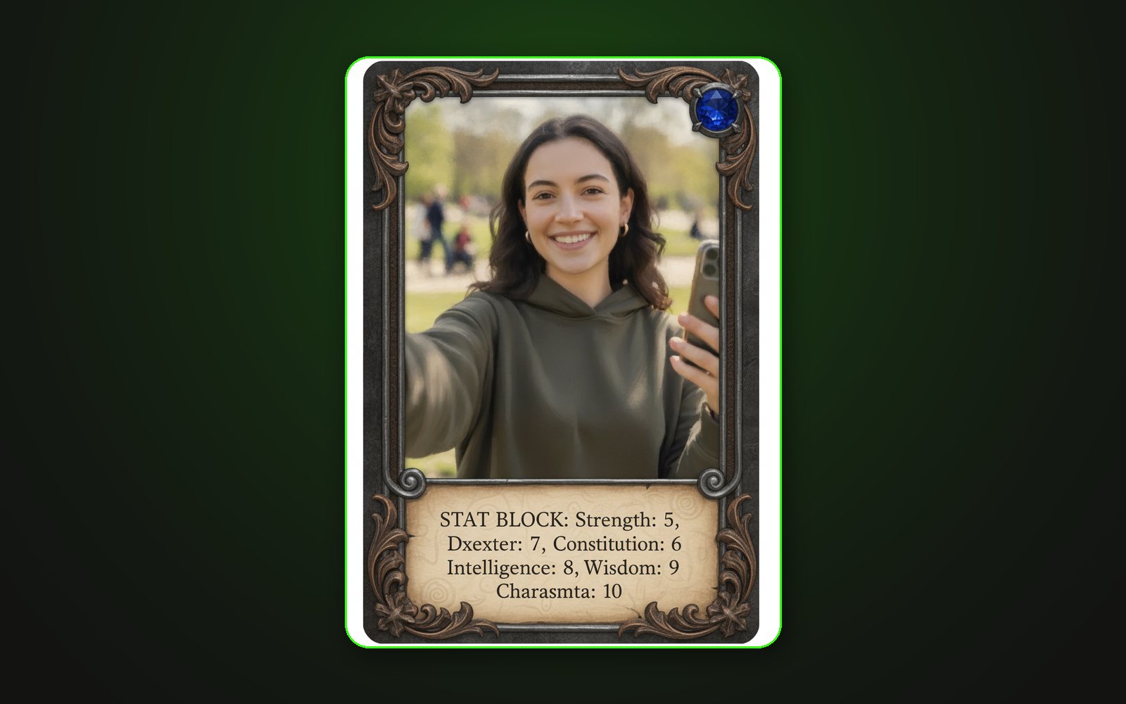 RPG Card format — a fantasy trading card with a stat block