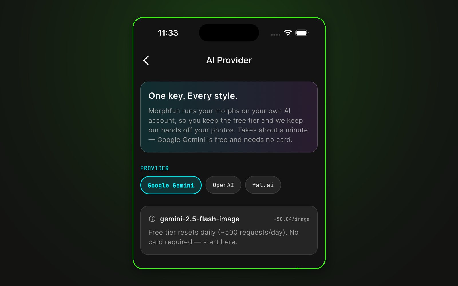 Bring your own AI key — stored in the device keychain