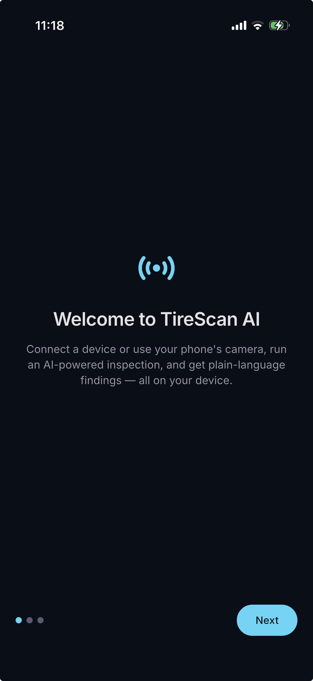 TireScan AI scanning a tire with an AI analysis overlay