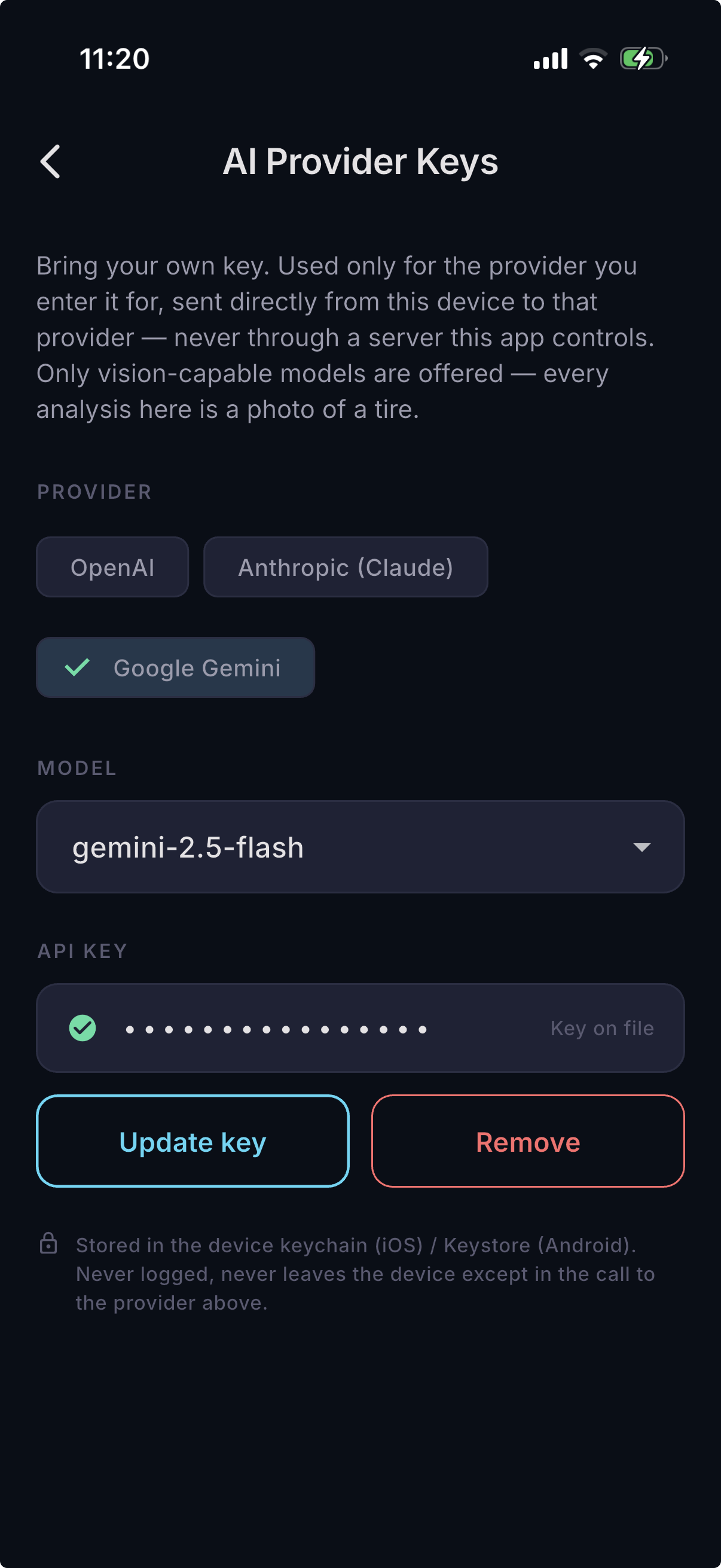 Bring your own AI provider key screen