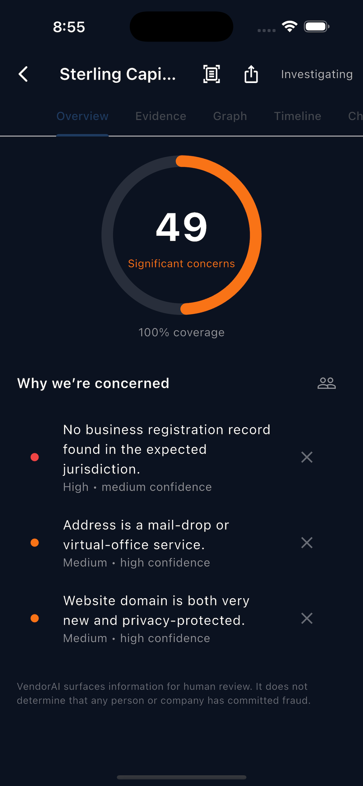 VendorAI risk score screen showing a 49 out of 100 score with significant concerns