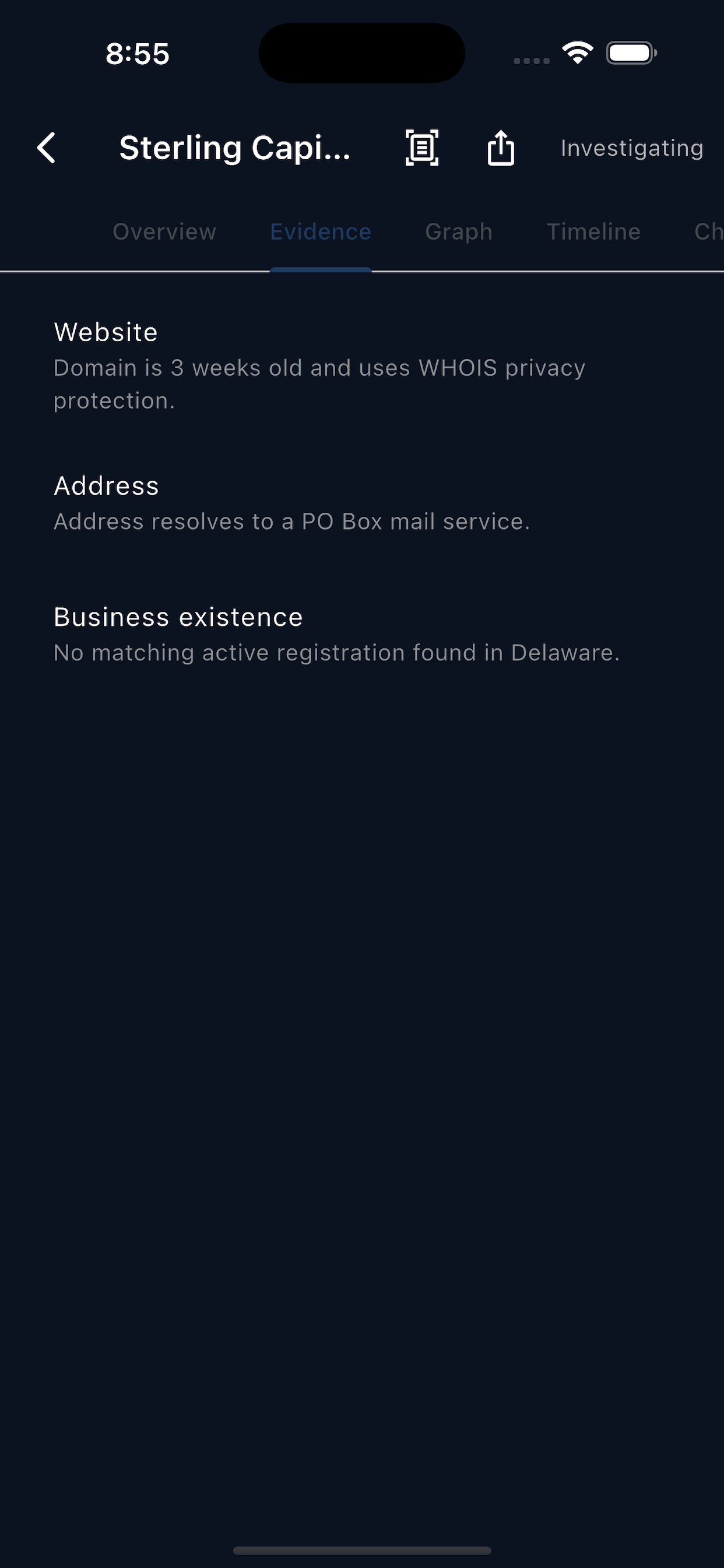 VendorAI evidence tab showing website, address, and business existence findings