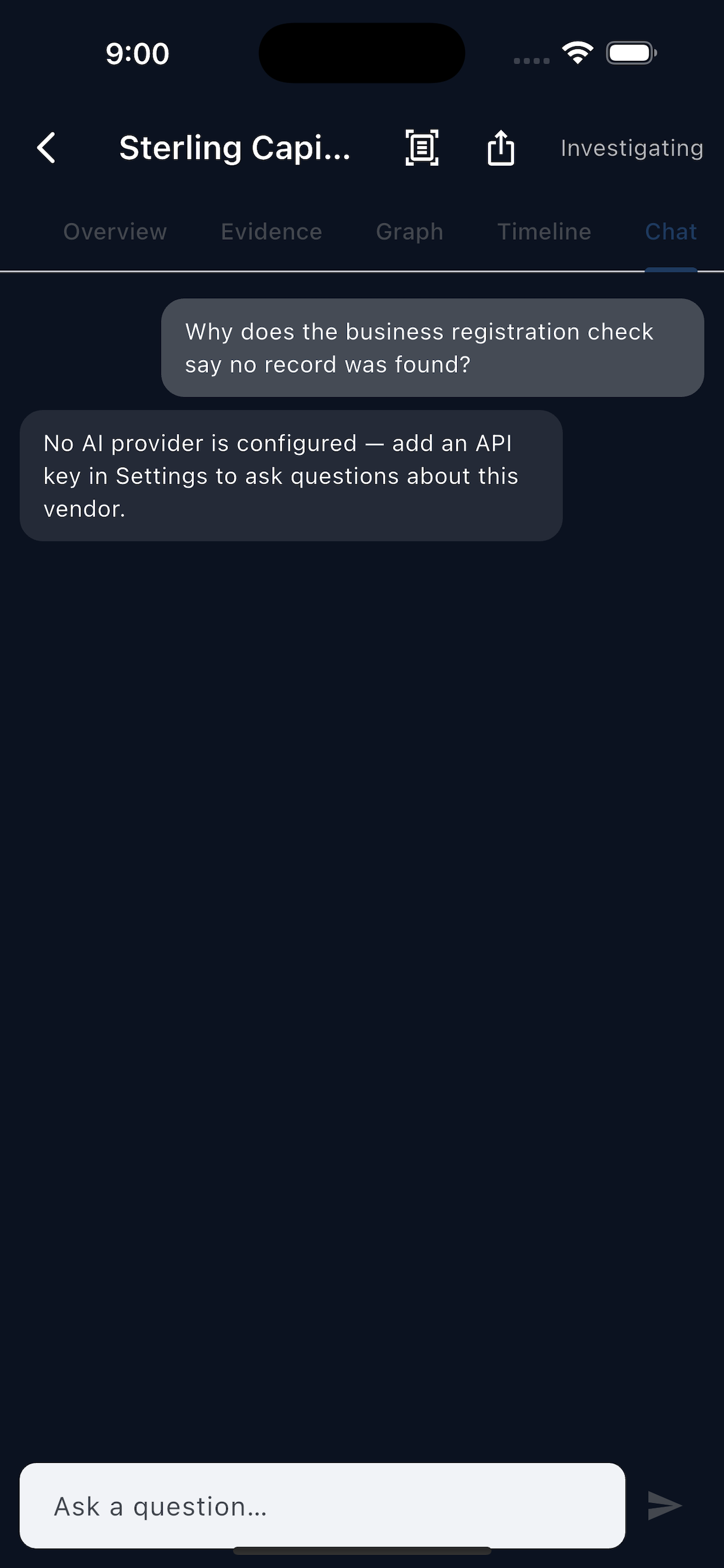 VendorAI chat tab for asking follow-up questions about a vendor investigation