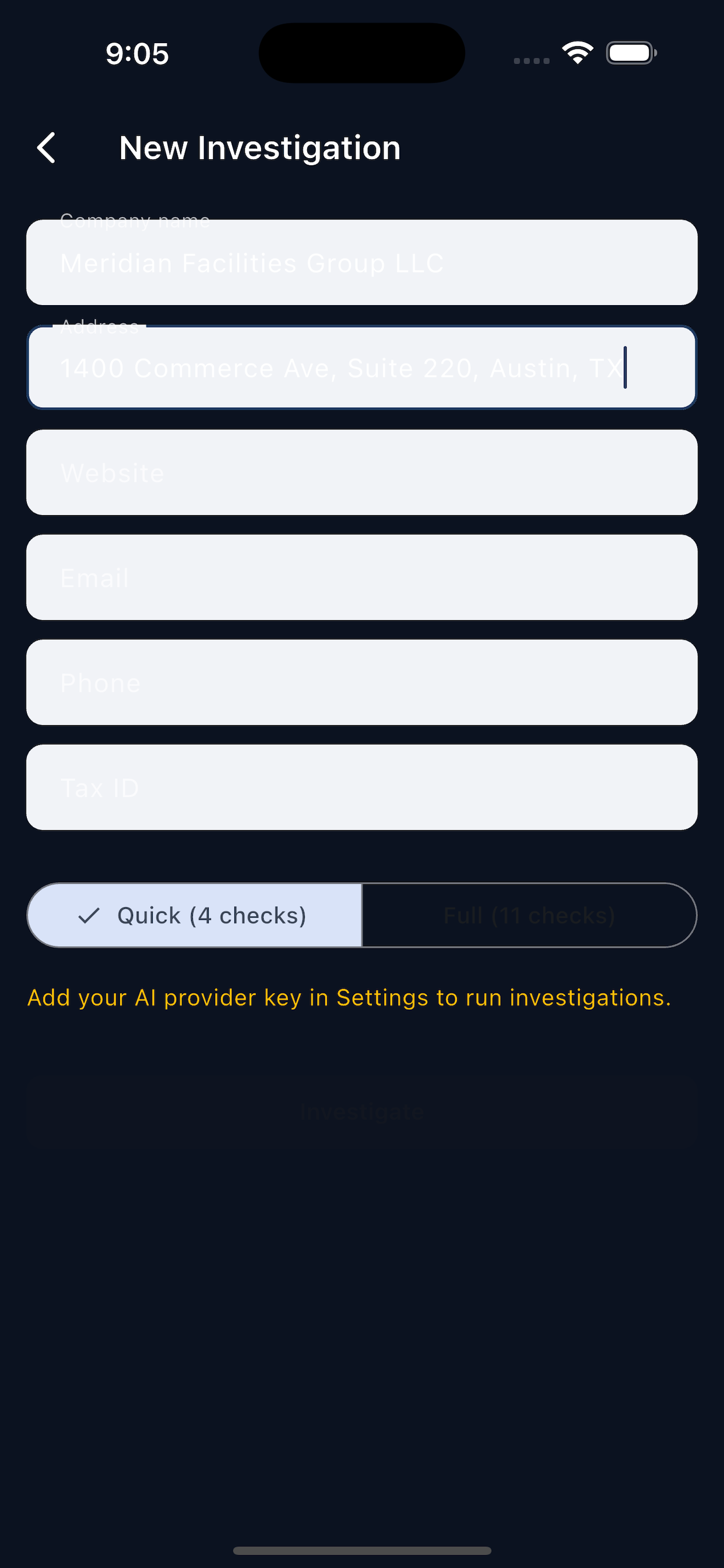 VendorAI new investigation form with company name and address fields, Quick and Full depth selector
