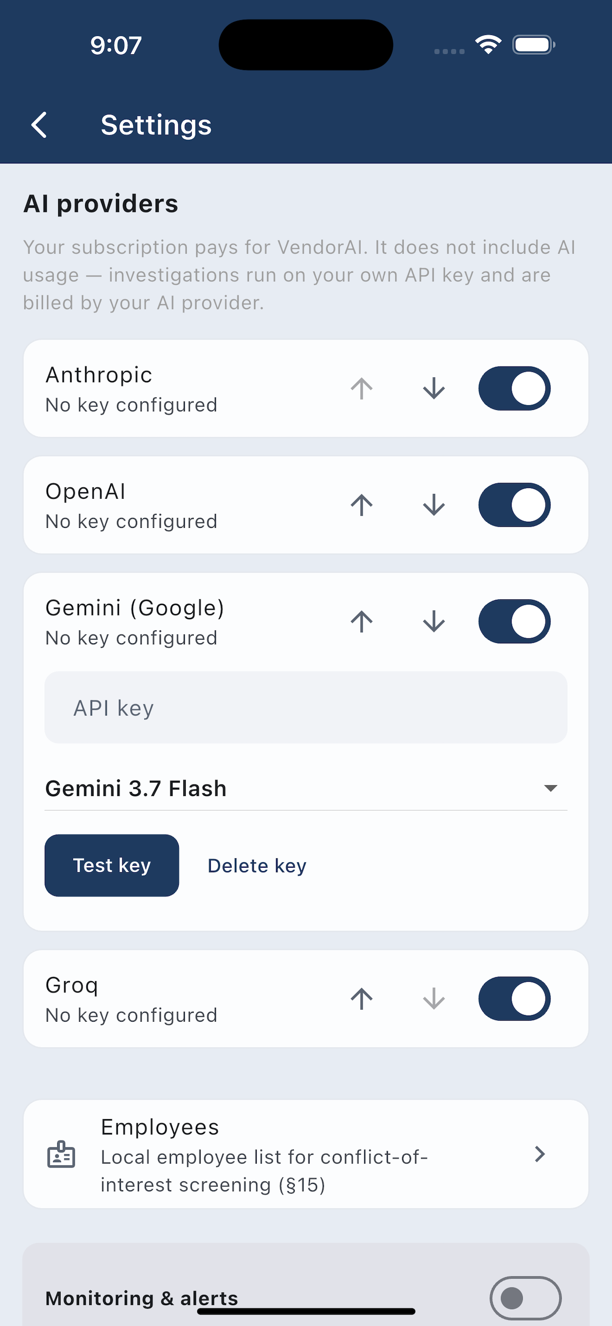 VendorAI settings screen for configuring AI provider API keys