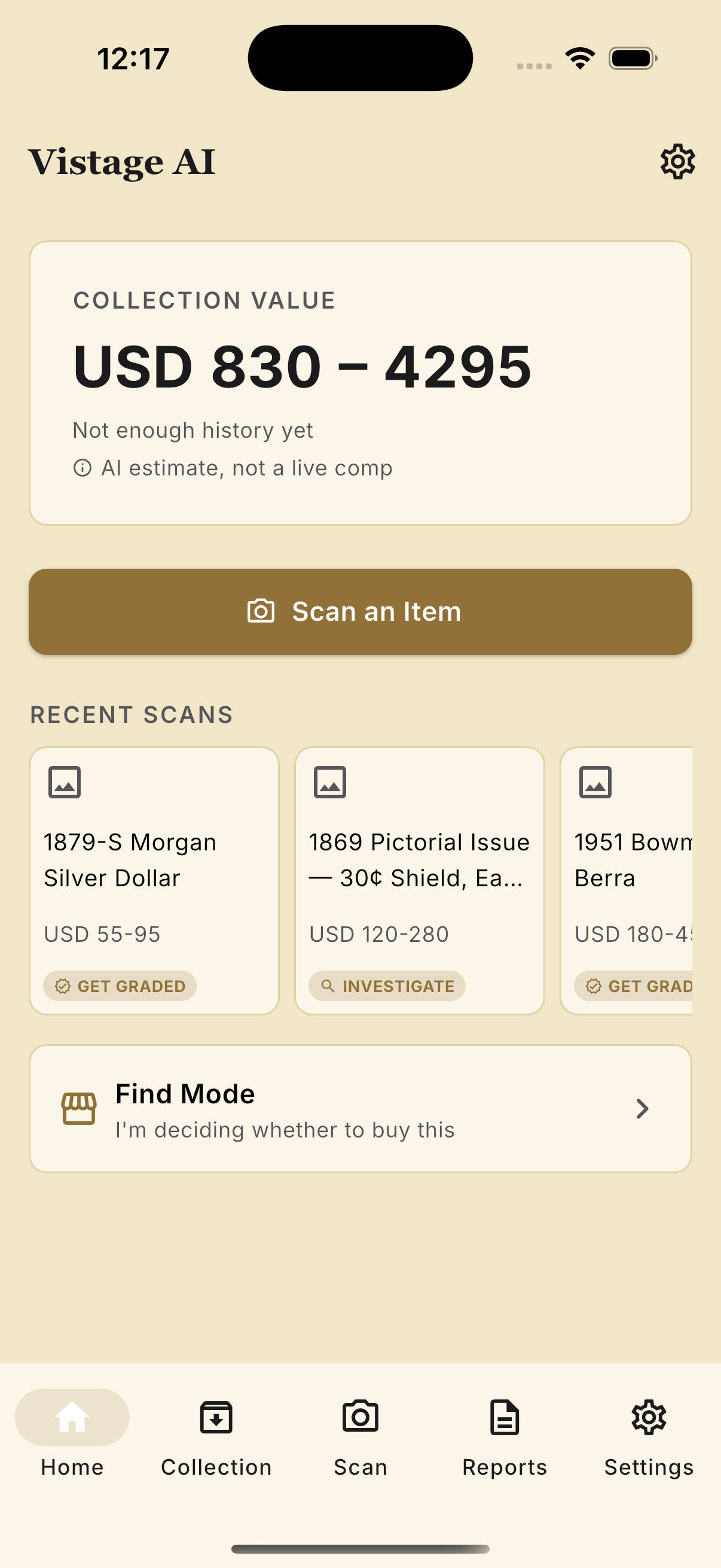 Vistage AI home screen showing collection value and recent scans