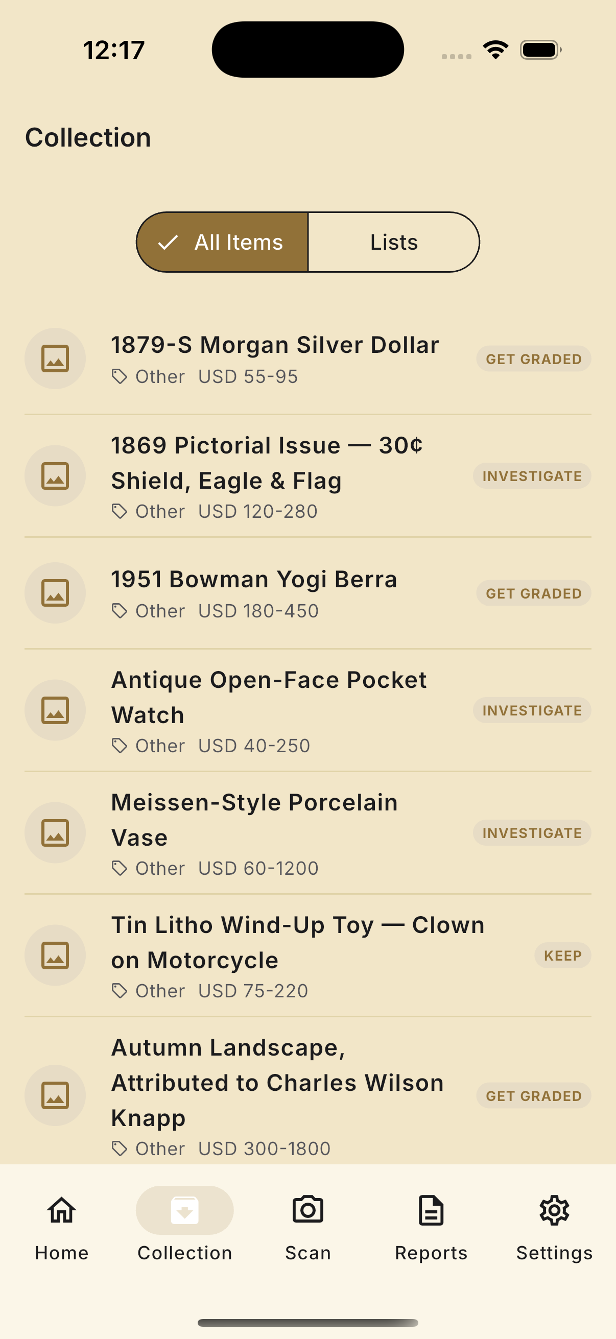 Vistage AI collection list showing scanned items with estimated values