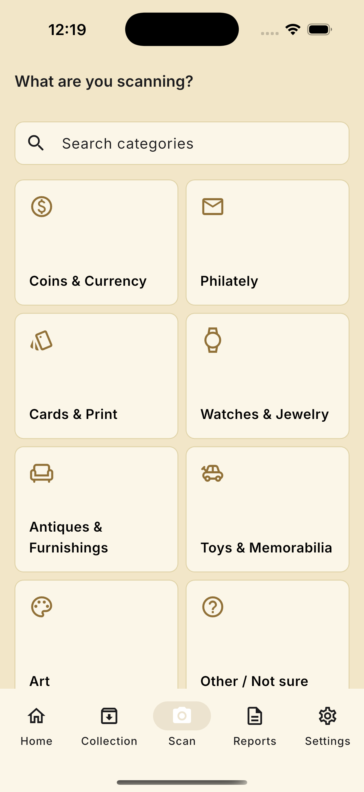 Vistage AI category picker for scanning coins, philately, watches, antiques and more