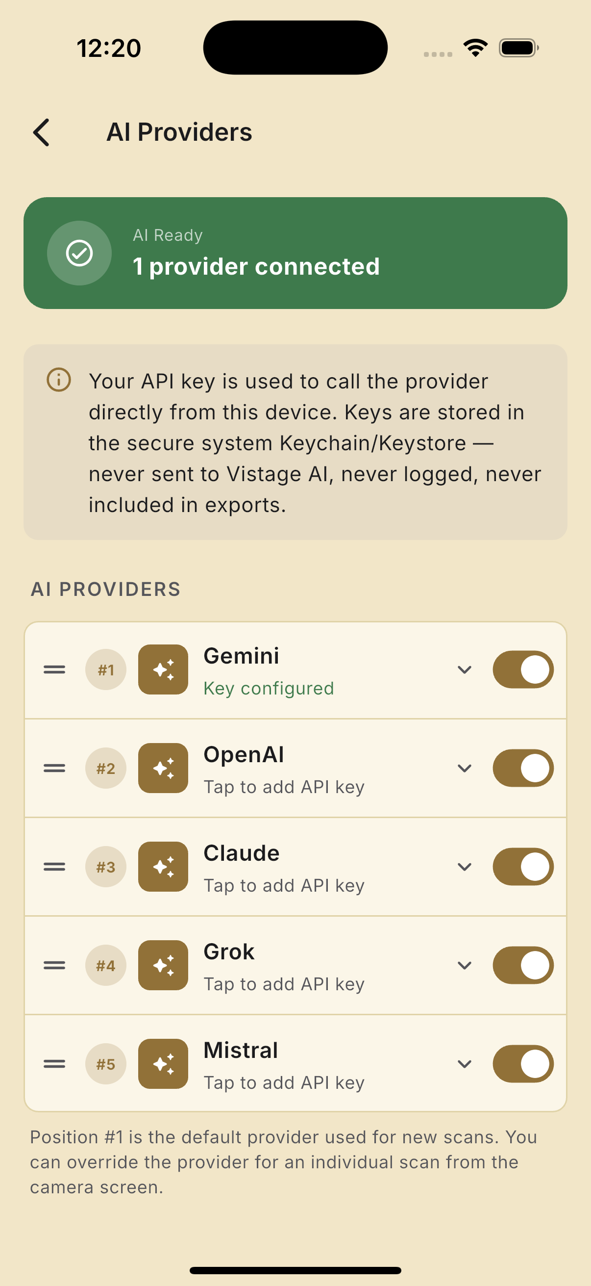 Vistage AI provider settings screen showing connected API keys