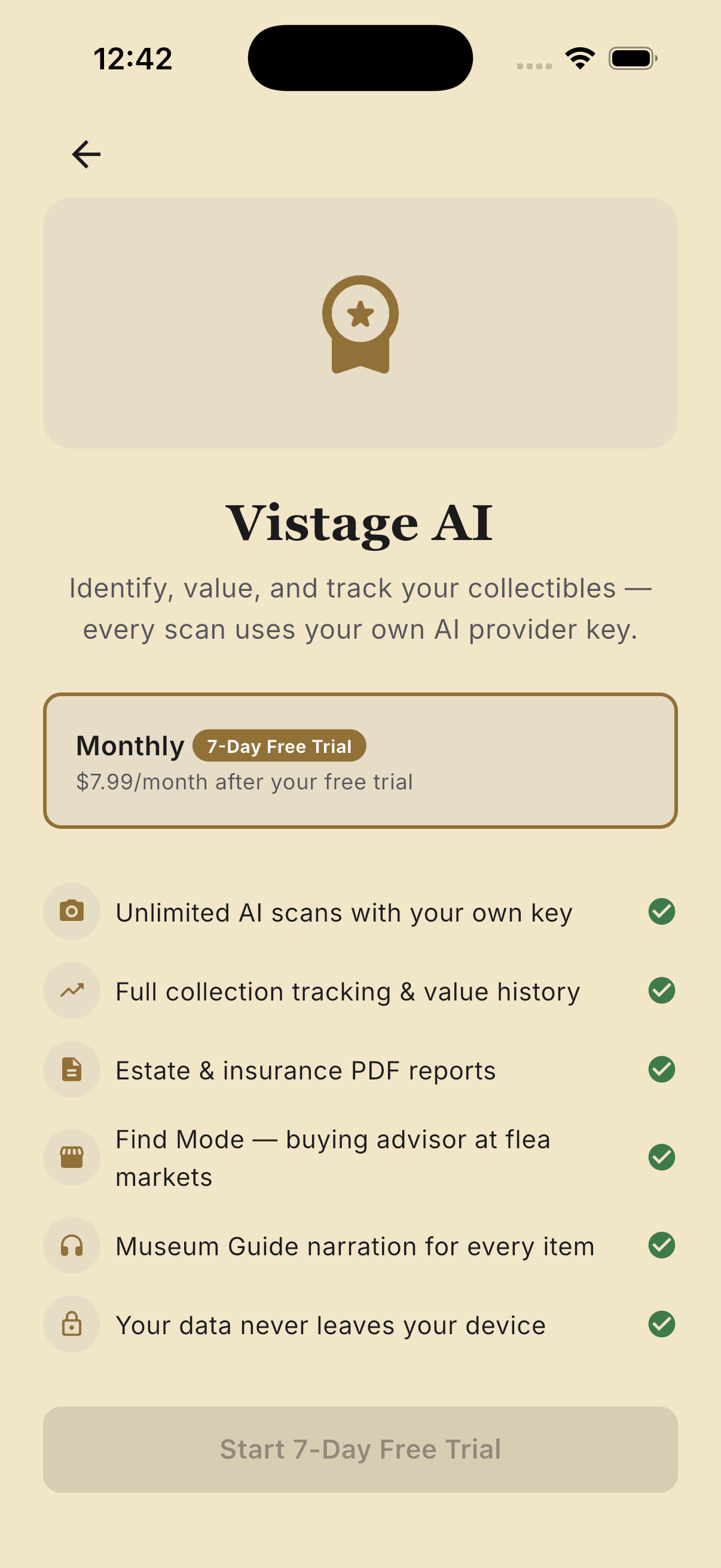 Vistage AI subscription screen showing the monthly plan with a 7-day free trial